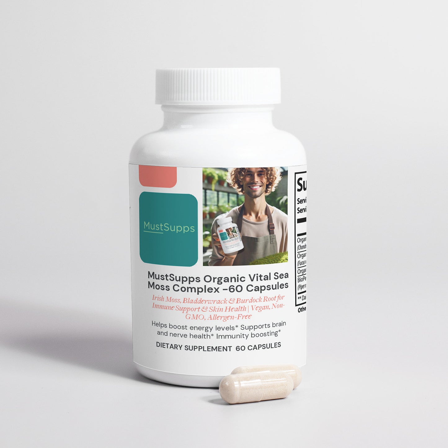 MustSupps Organic Vital Sea Moss Complex - 60 cápsulas - Musgo irlandés, fucus y raíz de bardana para reforzar el sistema inmunológico y la salud de la piel | Vegano, sin OGM, sin alérgenos