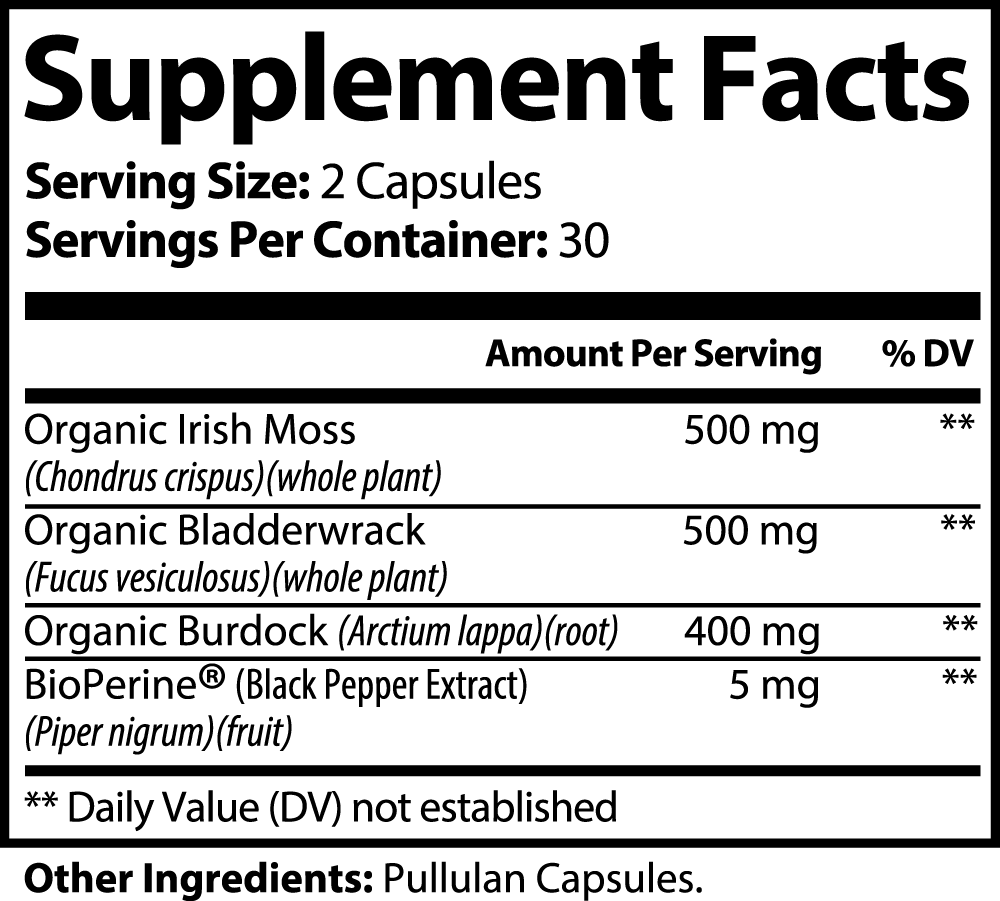 MustSupps Organic Vital Sea Moss Complex - 60 cápsulas - Musgo irlandés, fucus y raíz de bardana para reforzar el sistema inmunológico y la salud de la piel | Vegano, sin OGM, sin alérgenos