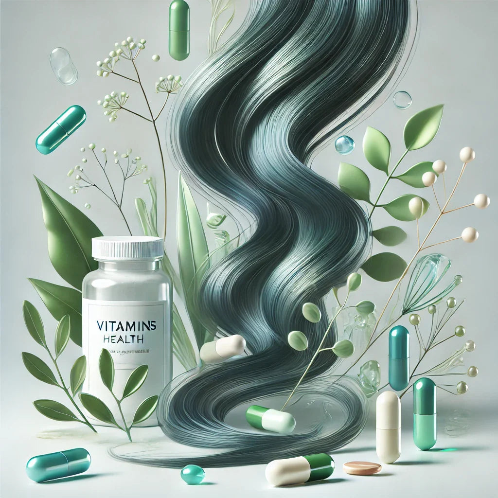 "Illustration of a flowing strand of hair surrounded by various vitamins and supplements, symbolizing the benefits of essential vitamins for hair health."