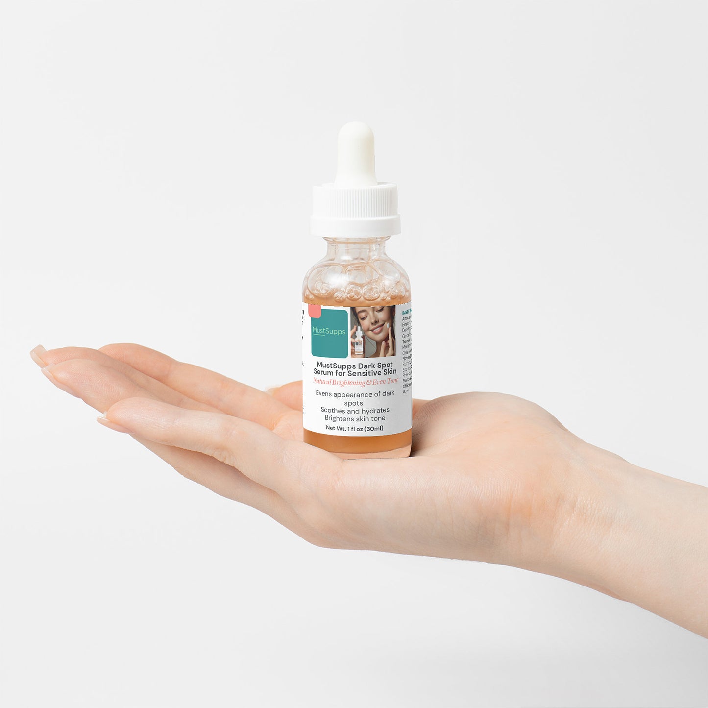 Hand presenting MustSupps Dark Spot Corrector for Sensitive Skin