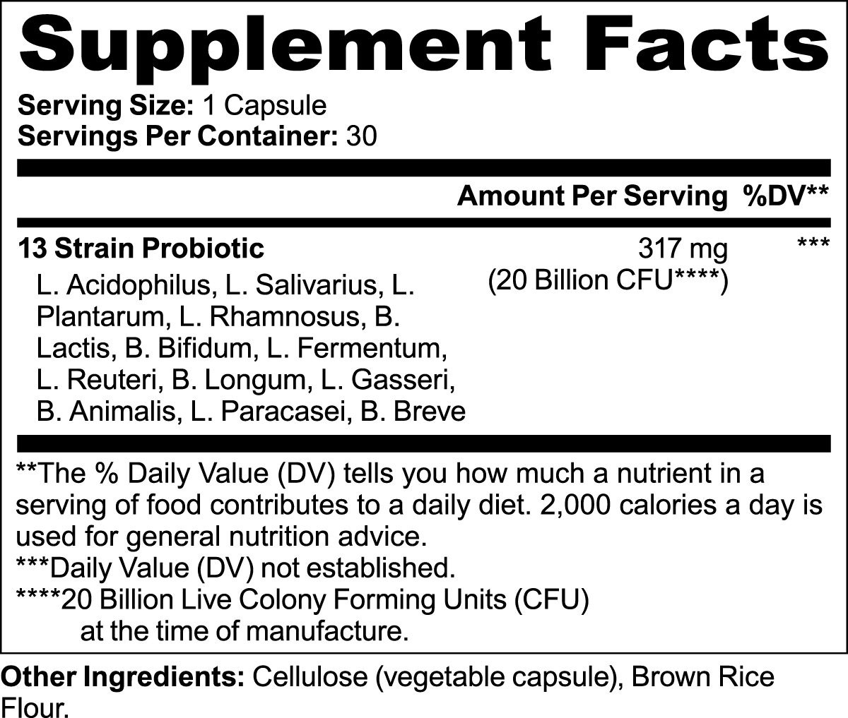 "Supplement facts label of MustSupps Immune Support Probiotic"