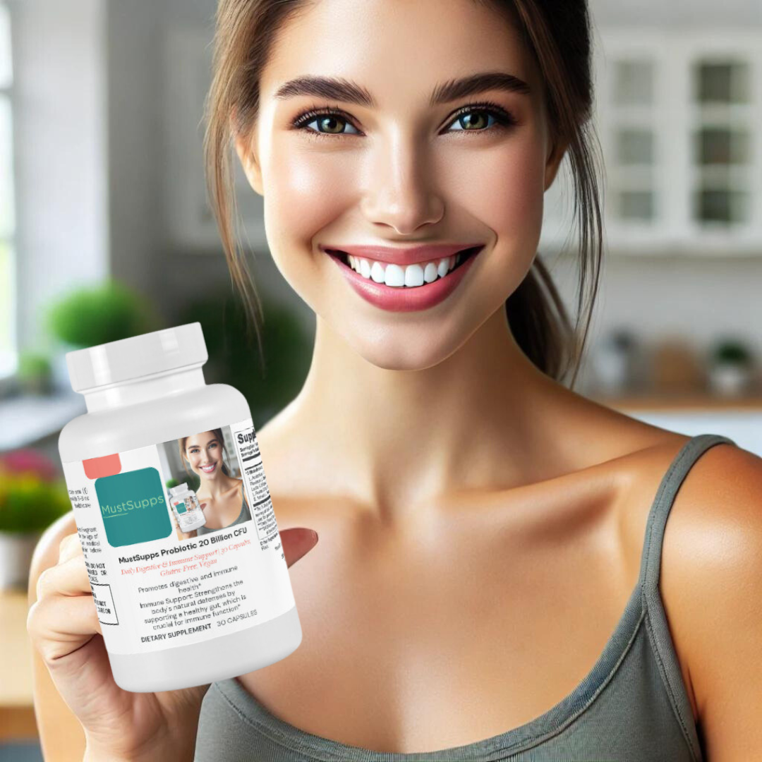 Smiling woman holding MustSupps Immune Support Probiotic bottle